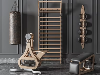 Indoor Sports Equipment Set with Wooden Training Rack Punching Bag Grip Rings and Exercise Bench 3d model