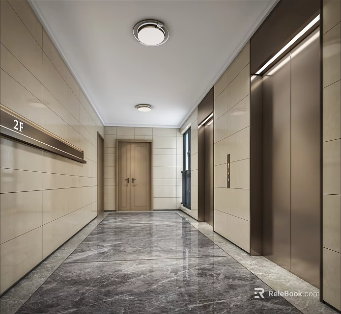 Modern Elevator Corridor With Beige Tiles Marble Floor And Elevators 3d model