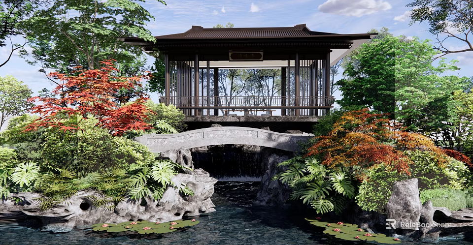 Traditional Chinese Landscape Pavilion With Stone Bridge Stream Lush Greenery Red Maple Leaves Water Lilies 3d model 