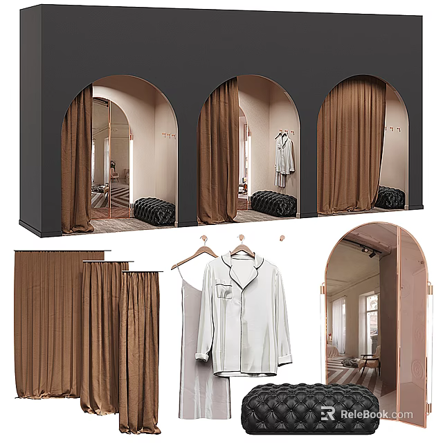 Modern Clothing Store Interior With Arched Fitting Rooms Brown Curtains And Hanging Clothes 3d model 