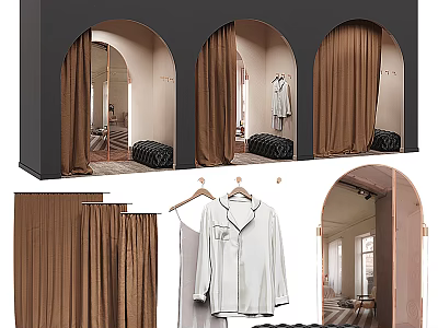 Modern Clothing Store Interior With Arched Fitting Rooms Brown Curtains And Hanging Clothes 3d model