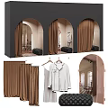 Modern Clothing Store Interior With Arched Fitting Rooms Brown Curtains And Hanging Clothes