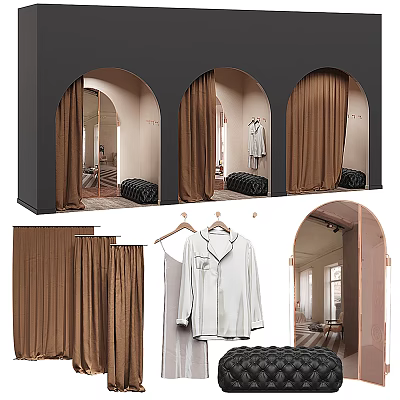 Modern Clothing Store Interior With Arched Fitting Rooms Brown Curtains And Hanging Clothes 3d model