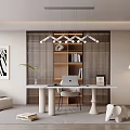 Modern Home Office Interior With Grid Bookshelf Desk Laptop Floor Lamp Artwork And Sofa