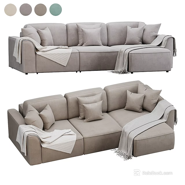 Light Gray Upholstered Sectional Sofa With Plush Pillows And Cozy Throws 3d model