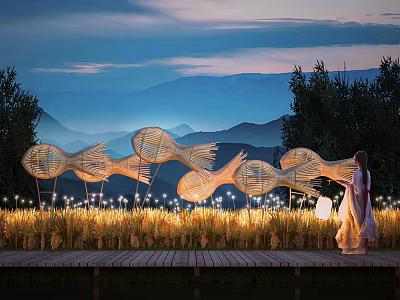 Chinese Landscape Lights Paddy Field Landscape Fish Lights Paddy Field Landscape Sculptures Paddy Field Bamboo Lights Fish Sculptures 3d model