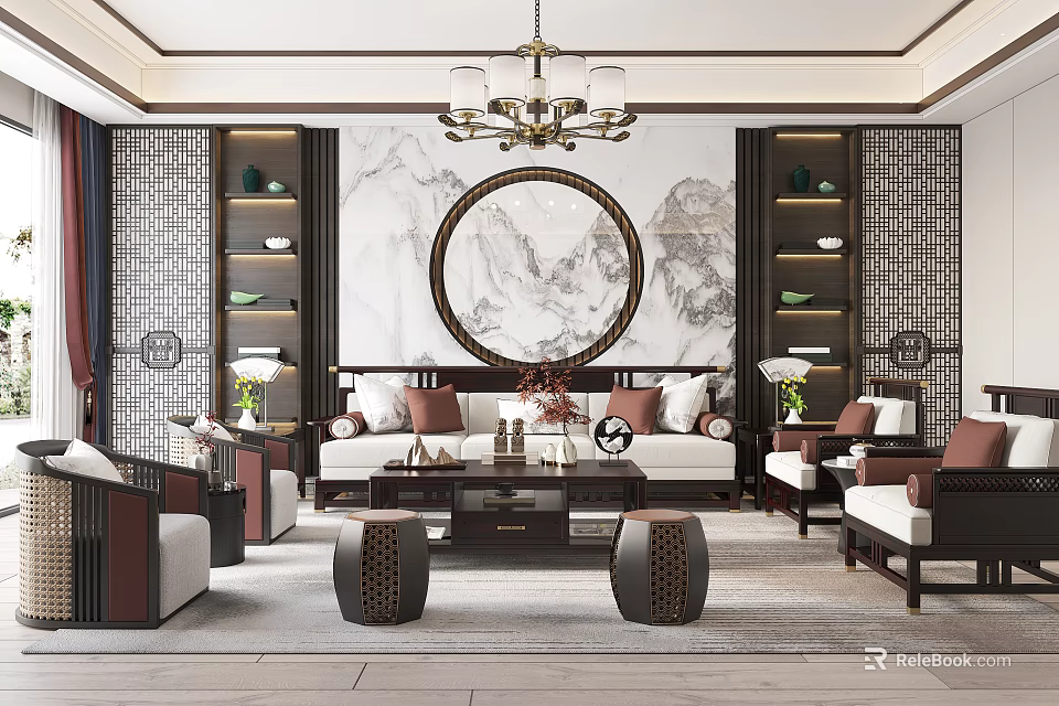 Traditional Chinese Living Room Interior Design With Circular Landscape Painting Chandelier And Symmetrical Cabinets 3d model 