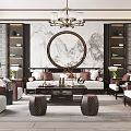 Traditional Chinese Living Room Interior Design With Circular Landscape Painting Chandelier And Symmetrical Cabinets