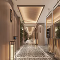 Elegant Hotel Corridor With Traditional Wooden Ceiling Decorative Columns And Potted Plants