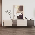 Modern Two Tone TV Stand With Artwork Potted Plant Vase And Decorative Items
