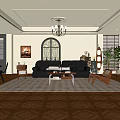 Modern Living Dining Room Interior With Black Leather Sofa Wooden Coffee Table And Chandelier