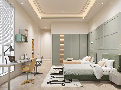 Modern Bedroom Interior Design With Green Bed Wardrobe Desk And Area Rug 3d model