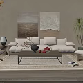 Beige Sofa and Coffee Table Set With Abstract Paintings Floor Lamp Green Plant and Rug