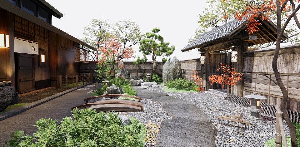 Japanese Style Garden Courtyard with Wooden Buildings Stone Lanterns Small Bridge Pebble Path and Pine Trees 3d model 