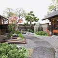 Japanese Style Garden Courtyard with Wooden Buildings Stone Lanterns Small Bridge Pebble Path and Pine Trees
