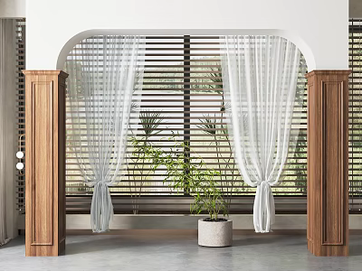 Interior Archway With Wooden Pillars White Curtains Louvered Blinds And Potted Plant 3d model