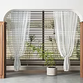 Interior Archway With Wooden Pillars White Curtains Louvered Blinds And Potted Plant