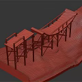 Wooden Boardwalk Structure On Red Terrain With Railings And Support Beams