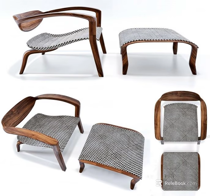 Modern Leisure Chair With Wooden Frame And Matching Woven Ottoman 3d model 