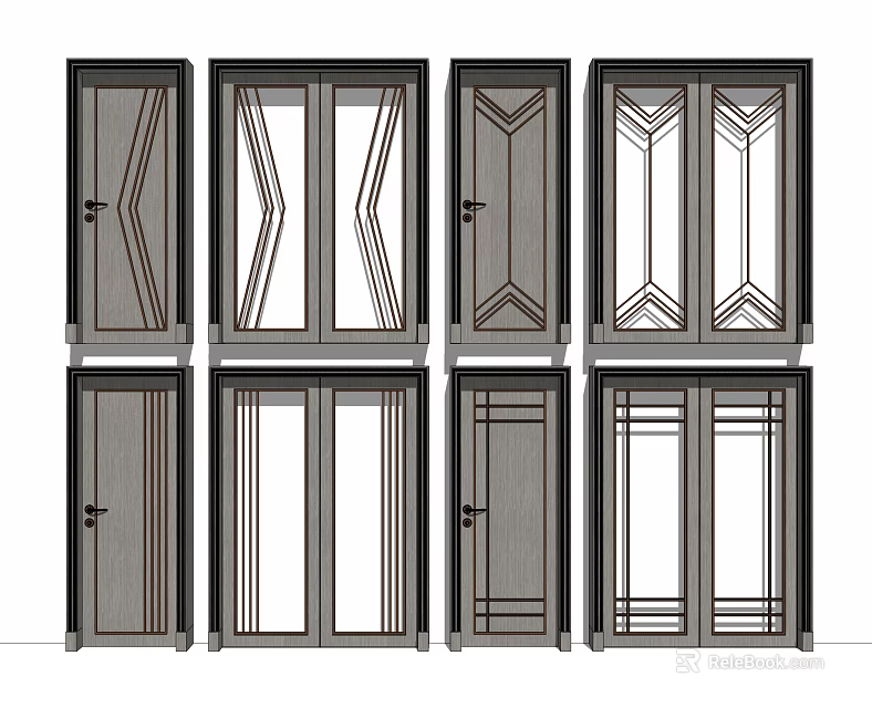 Modern Swing Doors With Various Single Double Panel Designs And Decorative Glass 3d model