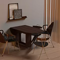 Modern Wooden Table And Chair Set With Armrests Wall Shelf Framed Pictures Curtains