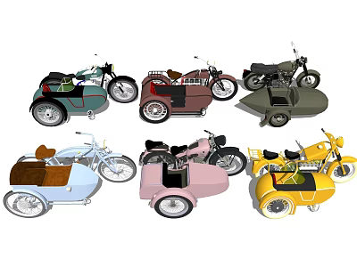 Six Different Colored Sidecar Motorcycles Featuring Various Hues And Sidecar Design Details 3d model
