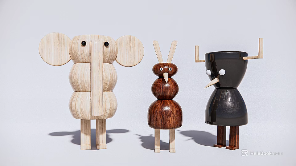 Wooden Animal Shaped Dolls Featuring Elephant Bird and Horned Designs in Natural Tones 3d model 