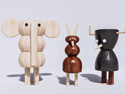 Wooden Animal Shaped Dolls Featuring Elephant Bird and Horned Designs in Natural Tones 3d model