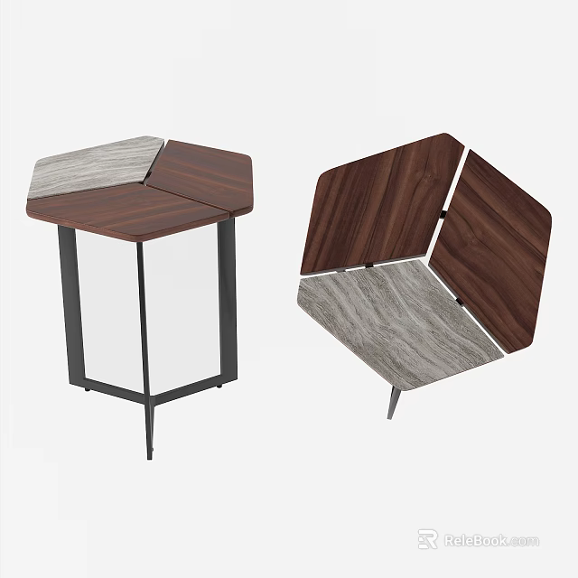 Modern Hexagonal Side Table With Two Tone Wooden Top And Black Metal Legs 3d model 