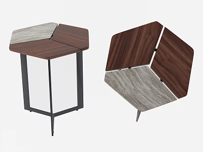 Modern Hexagonal Side Table With Two Tone Wooden Top And Black Metal Legs 3d model