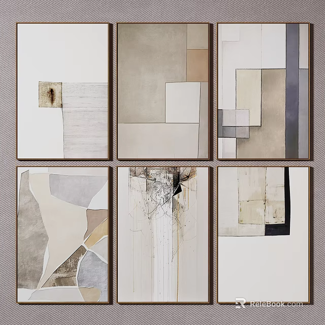 Abstract Artwork Six Panel Set With Neutral Tones Geometric Shapes And Dark Frames 3d model