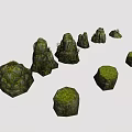 Natural Stone and Wood Decorative Elements with Mossy Textures and Different Sizes 3d model