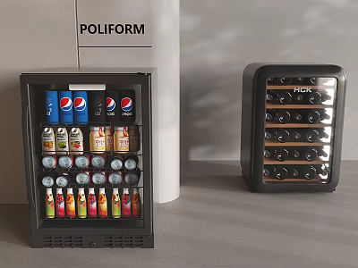 Poliform Black Mini Fridge And Wine Cooler With Beverages And Wine Bottles 3d model