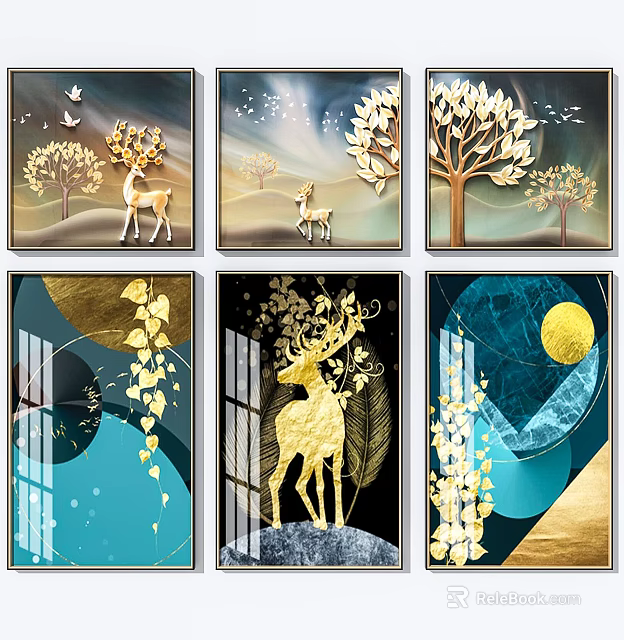 Modern Decorative Artworks Featuring Golden Deer Trees Moon and Geometric Patterns 3d model