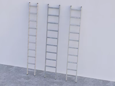 Three Silver Ladders Leaning Against White Wall On Gray Floor 3d model