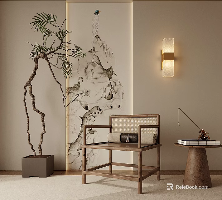 Chinese Style Leisure Chair With Wooden Frame Rattan Backrest Ink Painting Backdrop And Potted Plant 3d model 