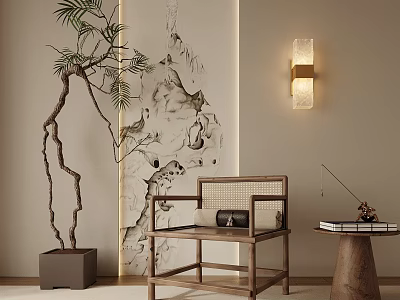 Chinese Style Leisure Chair With Wooden Frame Rattan Backrest Ink Painting Backdrop And Potted Plant 3d model