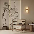 Chinese Style Leisure Chair With Wooden Frame Rattan Backrest Ink Painting Backdrop And Potted Plant