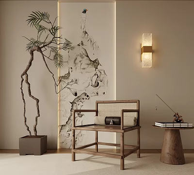 Chinese Style Leisure Chair With Wooden Frame Rattan Backrest Ink Painting Backdrop And Potted Plant 3d model