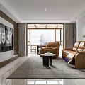 Modern Living Room Brown Leather Sofa and White Round Coffee Table Set With Rug