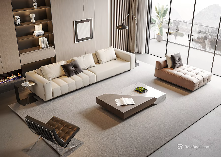 Modern Living Room Sofa and Coffee Table Set With Beige Upholstery Square Table and Ottoman 3d model 