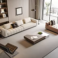 Modern Living Room Sofa and Coffee Table Set With Beige Upholstery Square Table and Ottoman