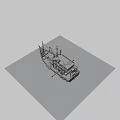 Wu Peng Blue And White Wooden Boat With Cabin Crane Ropes And Chimney On Water