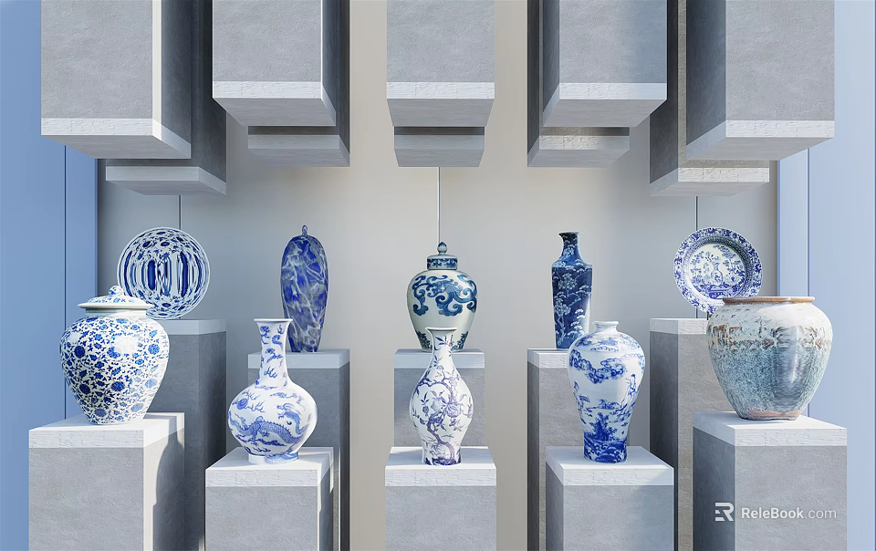 Blue And White Ceramic Vessels Displayed On Gray Pedestals With Cubic Background 3d model