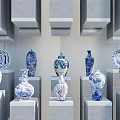 Blue And White Ceramic Vessels Displayed On Gray Pedestals With Cubic Background 3d model