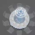 Elegant Dining Table Set Featuring White Tablecloth Navy Edge Silver Chairs And Illuminated Blue Centerpiece