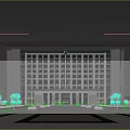 Modern Office Building Exterior Design With Plaza Trees Lighting And Glass Windows