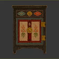 Traditional Chinese Style Wooden Cabinet With Red Green Floral Doors And Golden Accents