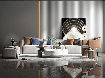 Modern Sofa And Coffee Table Set With Round Table Colorful Pillows And Floor Lamp 3d model