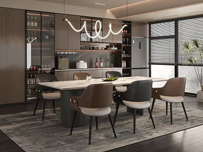 Modern Restaurant Interior With Open Dining Table Chairs Pendant Lights And Wine Racks 3d model